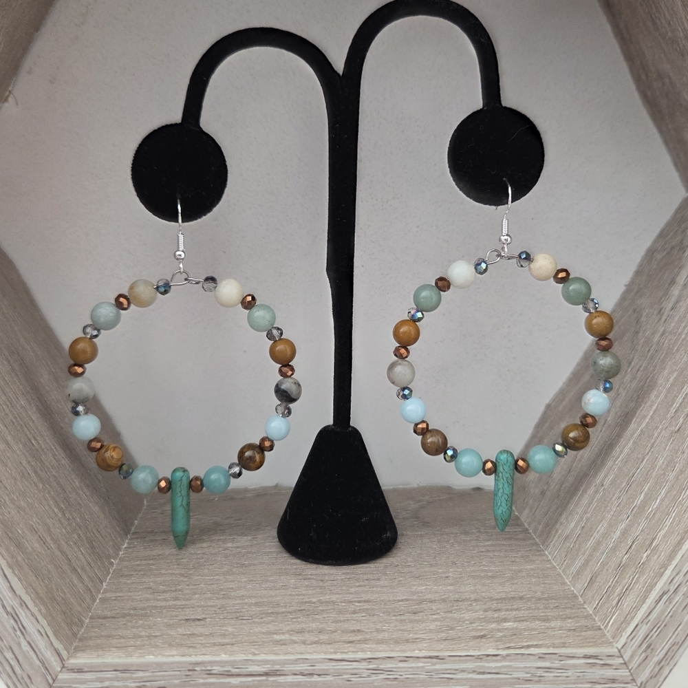 Bohemian Mixed Stone Hoop Earrings Hand Crafted Western Festival Whimsical New